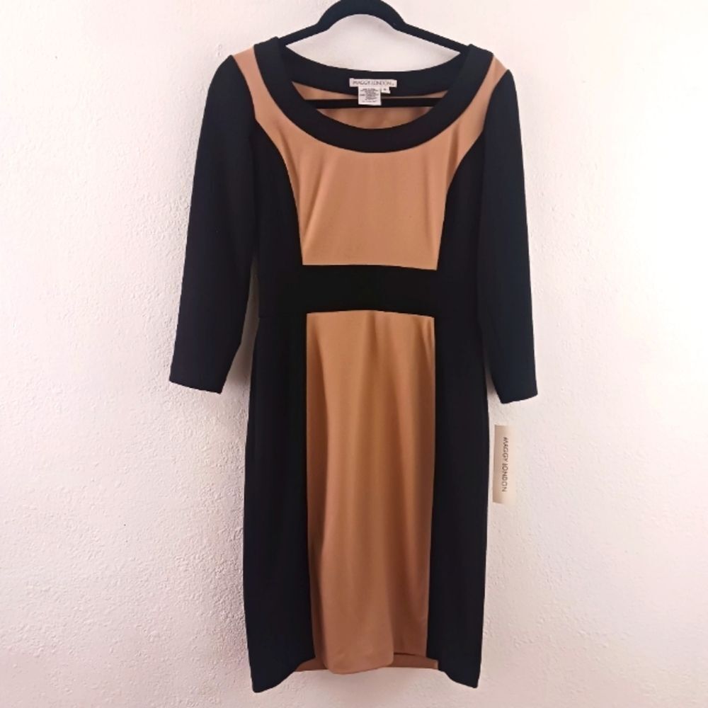 Maggy London 3/4 Sleeve Black and Tan Bodycon Sheath Dress size 6